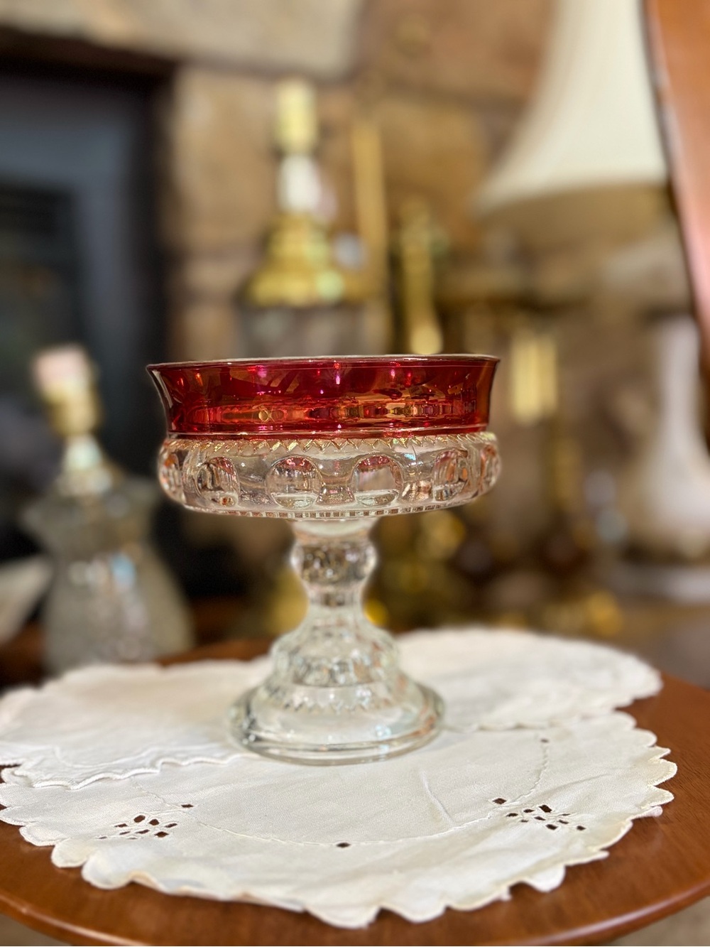 King’s Crown Thumbprint Ruby Red Rim Glass Compote Vintage Indiana Glass